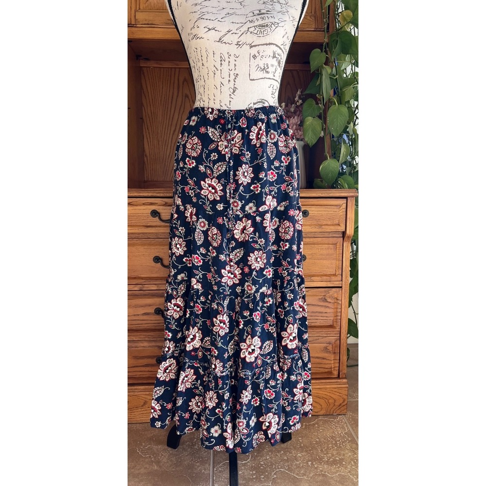 Vintage White Stag Navy Floral Paisley Tiered Maxi Skirt Boho Large 12/14